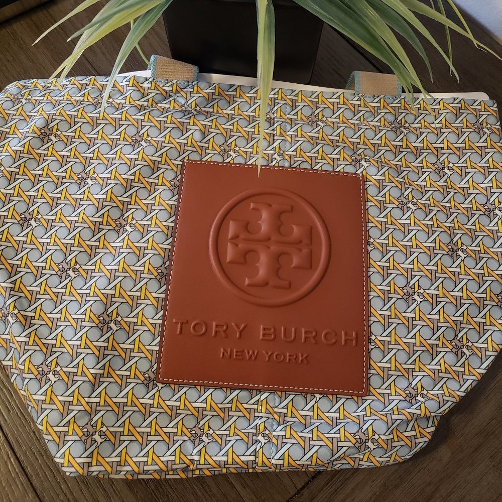 Tory Burch Printed Nylon Small Tote Northern Blue Basket Weave One Size